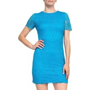 Laundry by Shelli Segal Blue Lace Sheath Dress Short Sleeve Scalloped Hem small
